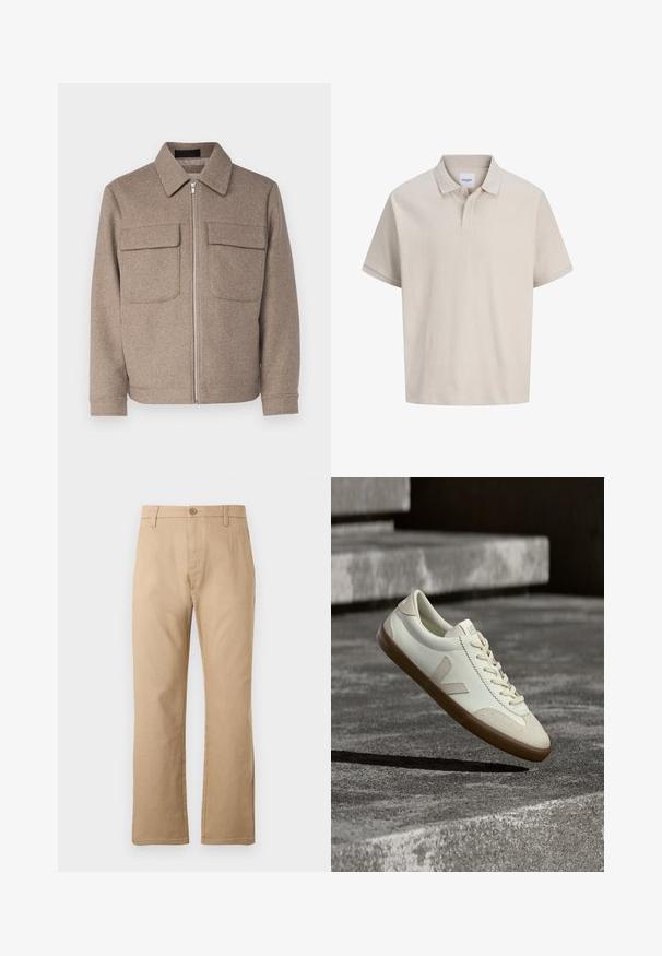 Bruine wollen jas met een klassieke kraag, een rits aan de voorkant en twee borstzakken. Beschikt over een gestructureerde stof en een getailleerd silhouet.; Beige poloshirt met korte mouwen, subtiele verticale strepen, een klassieke kraag en een twee knopen sluiting.; Beige rechte broek gemaakt van een katoenmix. Voorzien van een knoopsluiting aan de voorkant en twee zijzakken met een gladde textuur.; Witte leren sneakers met een bruine rubberen zool, platte veters en een V-vormig accent aan de zijkant. Ze hebben een glad oppervlak en minimale stikdetails.