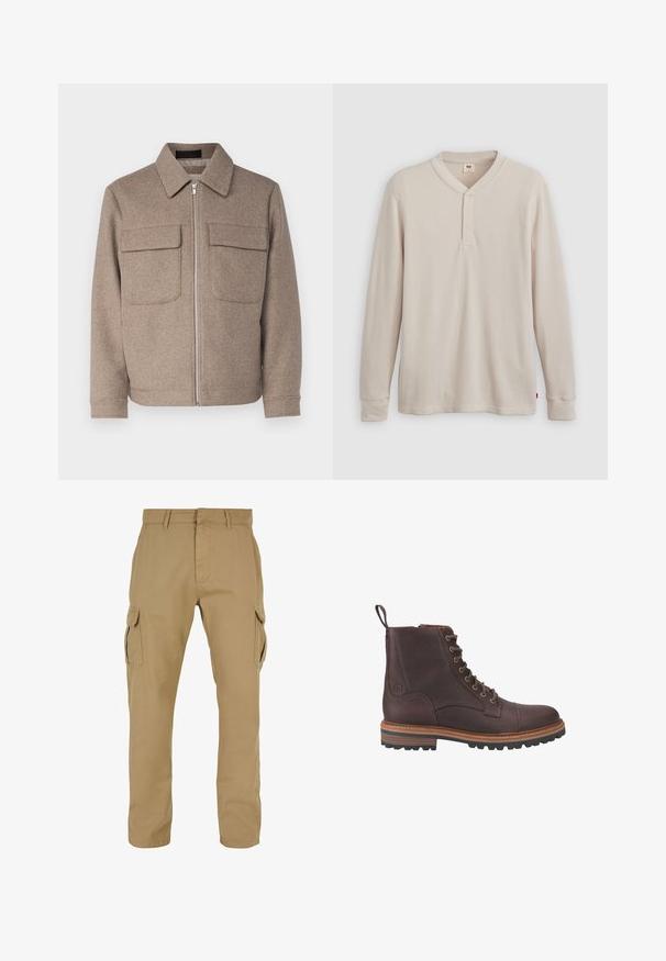 Bruine wollen jas met een klassieke kraag, een rits aan de voorkant en twee borstzakken. Beschikt over een gestructureerde stof en een getailleerd silhouet.; Lange mouwen henley-shirt in lichtbeige ribbelstof, met een V-hals, een drieknoopsluiting en manchetten. Rode logo-label aan de onderkant.; Beige cargobroek met twee zijzakken, rechte pijpdesign, gemaakt van duurzaam materiaal, met stikseldetails en riemlussen.; Bruine leren veterschoenen tot boven de enkel met een gestructureerde afwerking, contrasterende beige zolen en metalen veteroogjes. Voorzien van een trekkoordje voor gemakkelijk aan- en uittrekken.