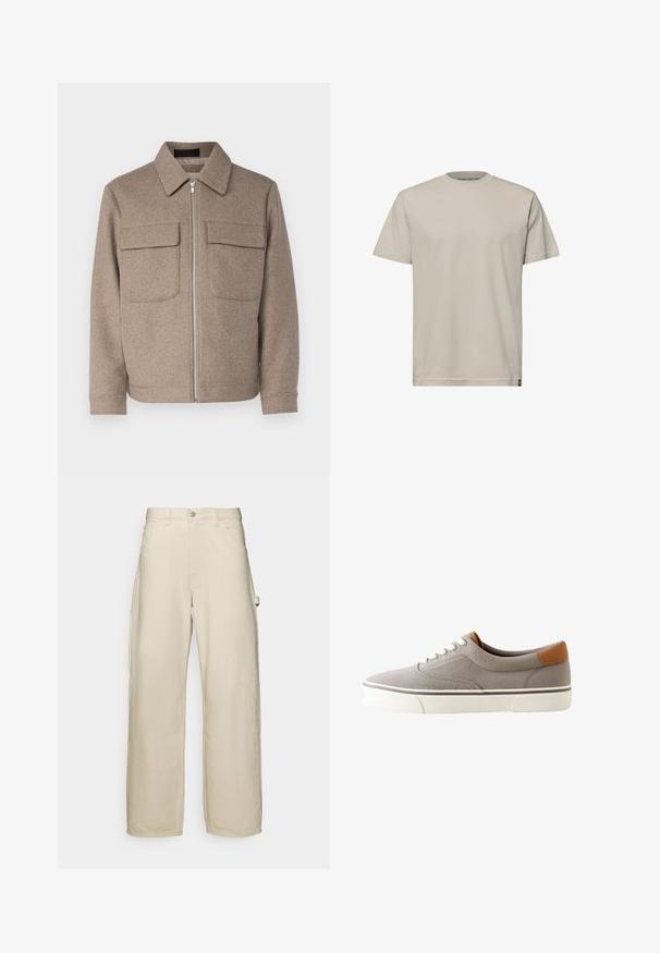 Bruine wollen jas met een klassieke kraag, een rits aan de voorkant en twee borstzakken. Beschikt over een gestructureerde stof en een getailleerd silhouet.; Effen beige T-shirt met korte mouwen en ronde hals, met een klein label aan de onderzoom, getoond tegen een witte achtergrond.; Beige wijde broek gemaakt van een katoenmix. Voorzien van een knoopsluiting, riemlussen en zijzakken. Glad textuur.; Lichtgrijze lage canvas sneaker met witte veters, witte rubberen zool en bruine suède hielaccent.