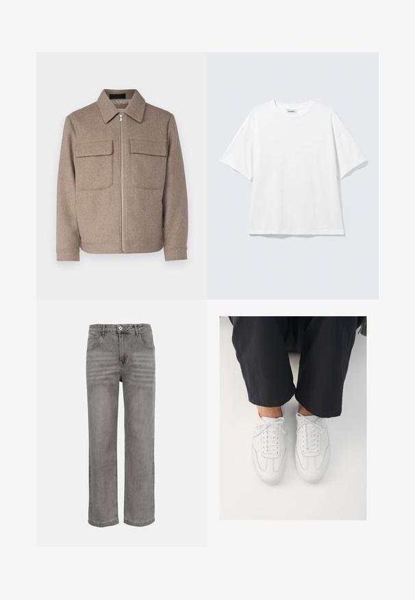Bruine wollen jas met een klassieke kraag, een rits aan de voorkant en twee borstzakken. Beschikt over een gestructureerde stof en een getailleerd silhouet.; Witte oversized T-shirt met korte mouwen, ronde hals en verlaagde schouders, plat op een lichtgrijze achtergrond.; Grijze rechte spijkerbroek met knoop- en ritssluiting aan de voorkant, lussen voor een riem en twee voorzakken.; Witte leren sneakers met een gladde textuur, ronde neus en klassiek vetersysteem, gepositioneerd boven donkere, losse broeken.