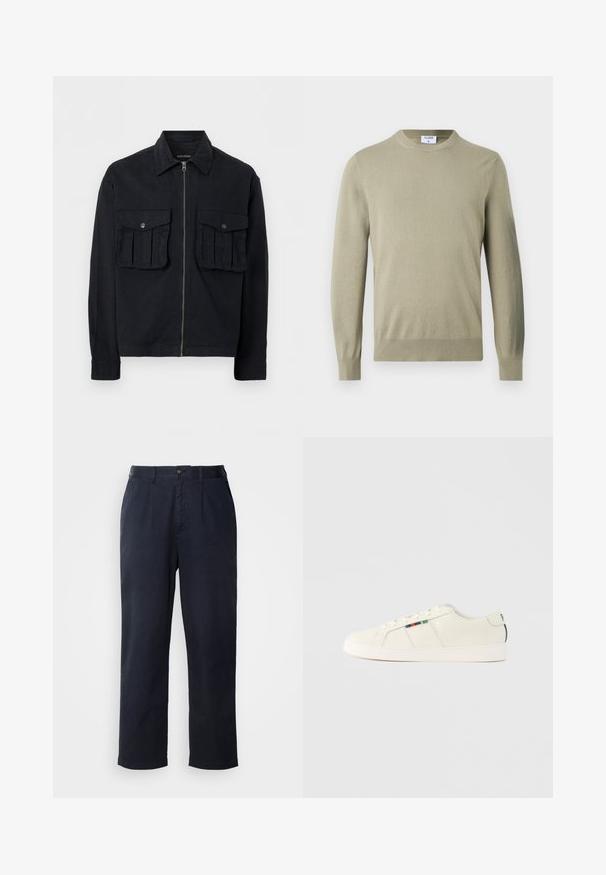 Veste noire à fermeture éclair avec deux grandes poches avant à rabat et boutons, manches longues et col pointu, présentée sur fond blanc.; Pull à manches longues beige clair avec col rond, poignets et ourlet côtelés, présenté sur un fond uni.; Pantalon en coton bleu marine foncé à coupe droite, avec un pli avant, des passants de ceinture et une fermeture à un bouton à la taille.; Baskets beige clair à texture lisse, design à lacets et accent rayé coloré sur le côté. Semelle en caoutchouc blanche. Arrière uni.