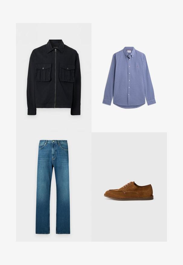 Veste noire à fermeture éclair avec deux grandes poches avant à rabat et boutons, manches longues et col pointu, présentée sur fond blanc.; Chemise à petits carreaux bleus et blancs, manches longues, boutonnée, col boutonné et petit logo sur la poitrine.; Jean en denim bleu clair avec jambes droites, design à cinq poches, fermeture par bouton, et légère décoloration à l'avant et à l'arrière.; Chaussure en daim marron avec un bout arrondi, des coutures décoratives et six œillets de lacets contrastants. Semelle plate et design minimaliste.