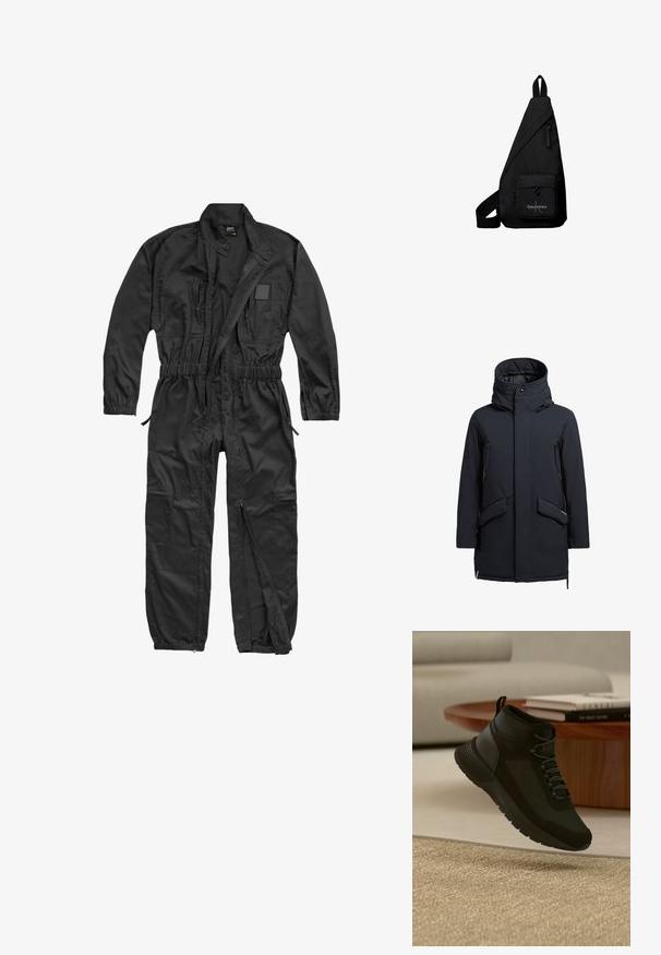khujo CARL - Vinterfrakke - dunkelblau; Brandit BRANDIT HERREN EINSATZKOMBI - Buksedragter - black; Sort høj-top sneaker med snørebånd, der svæver over beige tæppe, træ rundt bord med stabler af bøger i et lyst, moderne opholdsrum.; Sort trekantet crossbodytaske med frontlomme med lynlås med Calvin Klein-logo og justerbar rem.