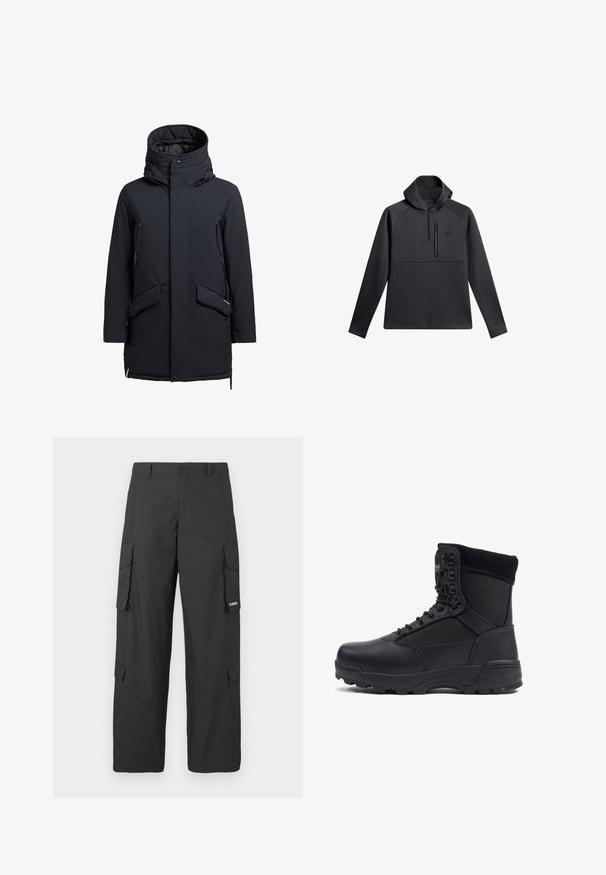 khujo CARL - Vinterfrakke - dunkelblau; Sort pullover med hætte, der har en kvart lynlås foran, raglanærmer og en lynlåslomme på brystet; glat tekstur og atletisk design.; Sorte straight-leg cargo bukser med sidelommer med klap, knaplukning, bæltestropper og et lille hvidt logo på klappen af højre lomme.; Sort taktisk støvle med en glat læderoverdel og stofpaneler, høj ankeldesign, snørebånd foran og slidstærk gummisål.