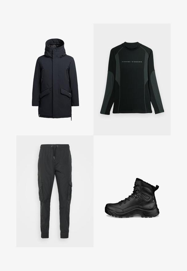 khujo CARL - Vinterfrakke - dunkelblau; Sort langærmet skjorte med høj krave, lavet af tekstureret stof. Har grå sidepaneler og "NIKE TECH" logo over brystet.; Sorte cargo bukser lavet af letvægtsstof, med en justerbar snøre i taljen, elastiske manchetter og to sidelommer.; Sort høj vandrestøvle med polstret ankel, snørehager, robust sål og træksløjfe ved hælen, designet til udendørs brug og koldt vejr.
