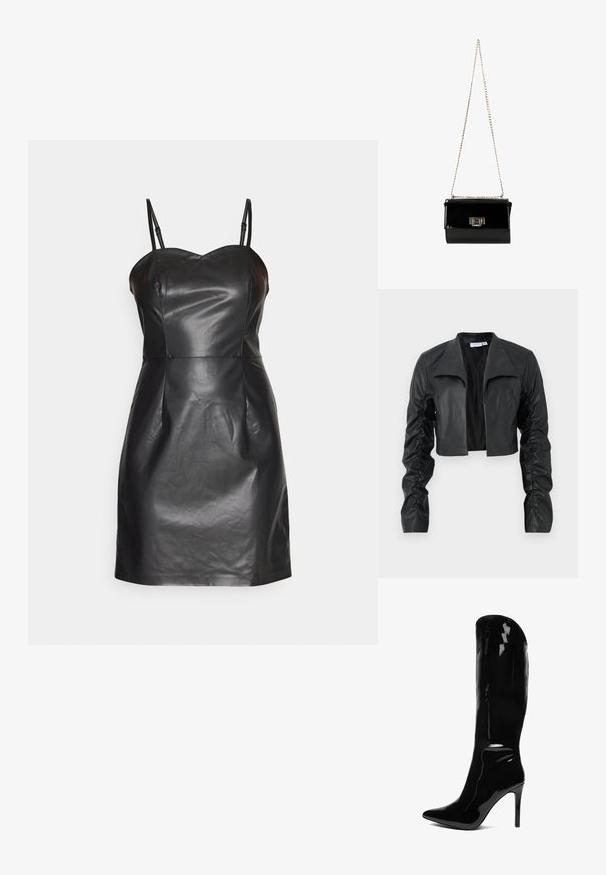 Sort cropped jakke lavet af glat læder. Har en bred krave og rynkede ærmer, hvilket giver en tætsiddende silhuet og moderne design.; ONLY ONLDINA FAUX LEATHER DRESS - Cocktailkjole / festkjole - black; Knæhøj, patenteret sort stiletto-støvle med spids tå. Den glatte tekstur og det høje design skaber en slank, tætsiddende silhuet.; Sort patentlæder håndtaske med en guldkæde-strop, rektangulær form, med en frontklaplukning og et metallisk logo-accent.
