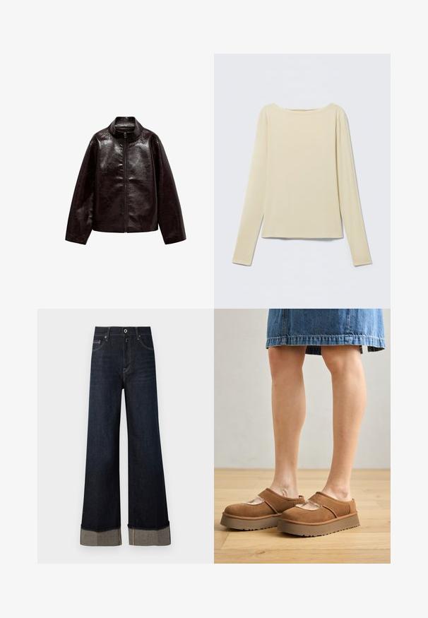 Brun faux læderjakke med høj krave, fuld lynlås lukning og en glat, blank overflade. Har en afslappet pasform og lange ærmer.; Beige langærmet tætsiddende top med bådudskæring, vist fladt på en lys baggrund.; Mørkeblå højtsiddende vide jeans med rå kant, der har lysebrune syninger og en foldet kant, som afslører kontrasterende stof.; Brune ruskindsplatformsko med en rund tå, udskæringer og en solid sål, ledsaget af en denimnederdel i en indstilling med trægulv.