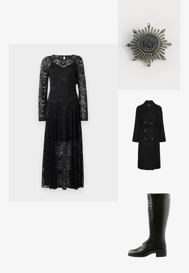 Zwarte dubbelgeknoopte jas met een ceintuur in de taille, gouden knopen, brede revers en lange mouwen; gemaakt van een zachte, gestructureerde stof.; Copenhagen Muse Maxi-jurk - black; Zwarte leren laarzen tot de knie met een vetersluiting aan de voorkant, ronde neus en blokhak, met een gladde textuur en geen zichtbare patronen.; Stervormige broche van zilverkleurig metaal met transparante rhinestones. Het centrale ontwerp heeft een ronde embleem met complexe details.