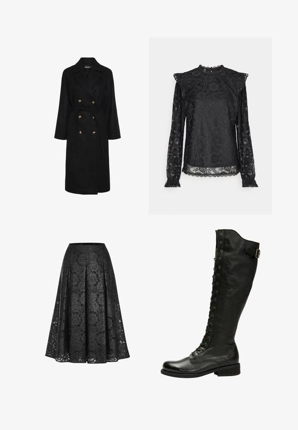 Zwarte dubbelgeknoopte jas met een ceintuur in de taille, gouden knopen, brede revers en lange mouwen; gemaakt van een zachte, gestructureerde stof.; PIECES Tall PCOLLINE - Blouse - black; Zwarte kanten rok met een geplooid ontwerp, bloemmotief en middellange snit. De stof heeft een luxe, delicate uitstraling.; Zwarte leren kniehoog laars met vetersluiting aan de voorkant, zilveren oogjes en een bucklet aan de zijkant. Heeft een gestructureerde afwerking en een gestapelde hak.