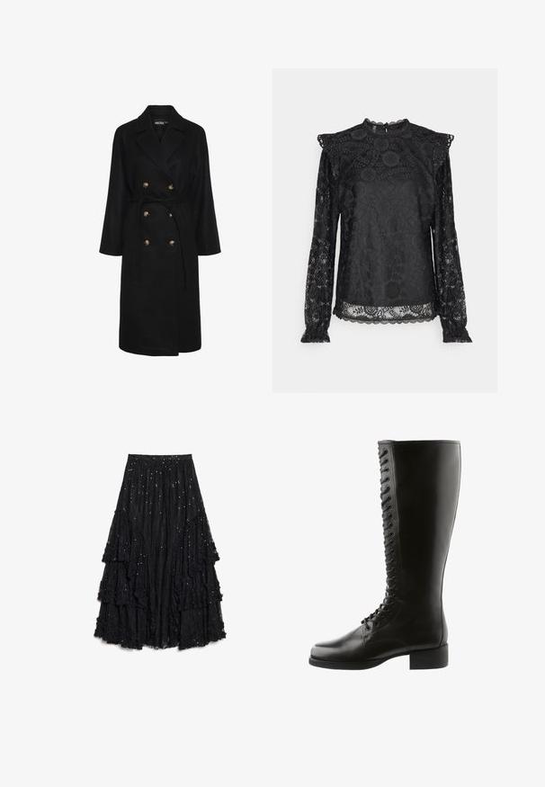 Schwarzer doppelt geknöpfter Mantel mit einem taillierten Gürtel, goldfarbenen Knöpfen, breiten Revers und langen Ärmeln; aus einem weichen, strukturierten Stoff gefertigt.; PIECES Tall PCOLLINE - Bluse - black; Schwarzer, geschichteter Rock aus strukturierter Spitze, mit Stufen und ausgefranstem Saum sowie verstreuten Pailletten als zusätzliche Details.; Schwarze Lederstiefel bis zum Knie mit Schnürung, runder Spitze und Blockabsatz, in glatter Textur und ohne sichtbare Muster.