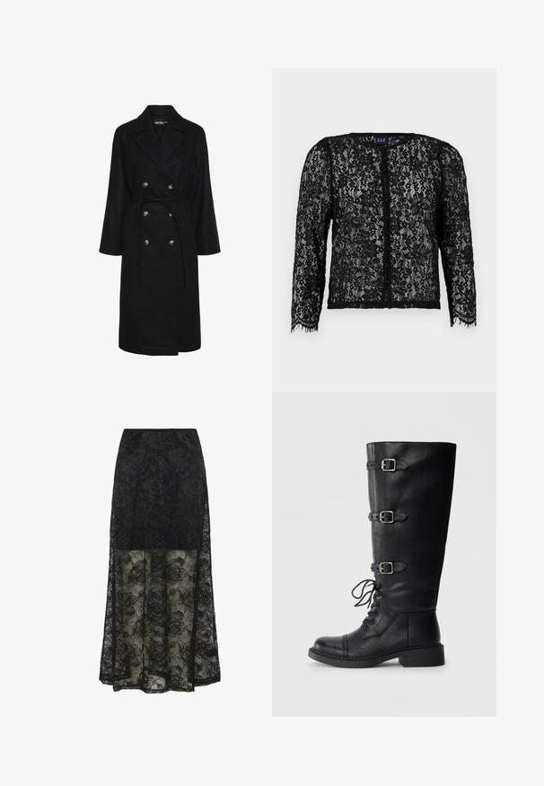 Manteau noir à double boutonnage avec une taille ceinturée, boutons dorés, revers larges et manches longues ; fabriqué dans un tissu doux et texturé.; Cardigan en dentelle noire avec manches longues, boutons sur le devant, motif floral, bords festonnés et texture douce. Étiquette de la marque visible au niveau du col.; Jupe maxi en dentelle noire avec motif floral et partie inférieure transparente. La taille élastique et la section supérieure unie offrent une texture et un design contrastants.; Bottines en cuir noir, hautes jusqu'au genou, avec un laçage sur le devant, trois accents de boucles, un bout rond et un petit talon carré. Texture lisse avec une finition mate.