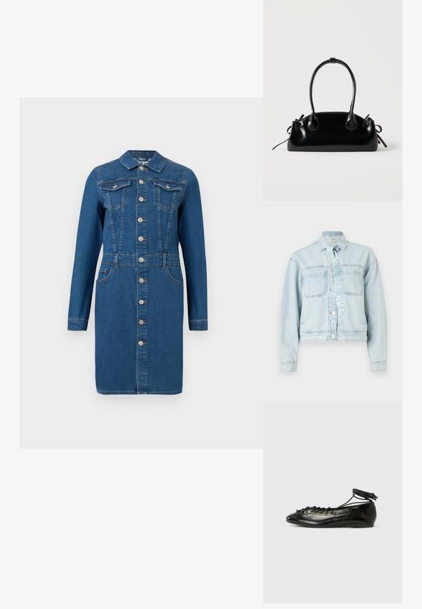 Lichtblauwe denimjack met twee borstzakken, een kraag en knoopsluiting. Beschikt over een strikdetail en een cropped ontwerp.; Blauwe denim jurk met lange mouwen, kraag, voorzijde met knoopsluiting, borst- en heupzakken, en taille met stikdetails.; Zwarte ballerina's van lakleer met een afgeronde neus, veterdesign en een platte zool. Glad oppervlak met minimale details.; Kleine zwarte glanzende handtas met twee lange hengsels en zijkant trekkoord details op een effen lichte achtergrond.