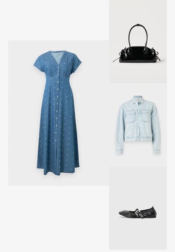 Lyseblå denimjakke med to brystlommer, krave og knaplukning. Har en bånddetalje og cropped design.; Blå denim maxikjole med korte ærmer, V-hals, knaplukning foran og subtilt lyseblåt blomsterprint.; Sorte læder flade sko med spids tå, samling detaljer omkring åbningen, og en sølv spænde accent på den justerbare rem.; Lille sort blank håndtaske med to lange håndtag og snøre-detaljer i siden på en ensfarvet lys baggrund.