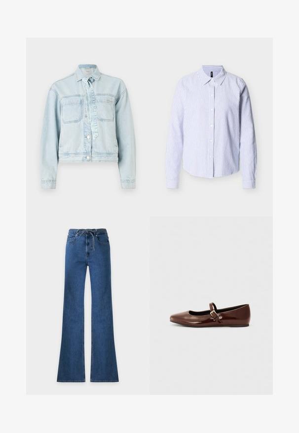 Lyseblå denimjakke med to brystlommer, krave og knaplukning. Har en bånddetalje og cropped design.; Langærmet skjorte med knapper og blå-hvide lodrette striber samt en spids krave, vist mod en ensfarvet hvid baggrund.; Blå denimjeans med vide ben, fem lommer og en snøre i taljen, vist på en ensartet lys baggrund.; Brun patentlæder balletflade med firkantet tå og strop med en lille guldbuckle. Glat tekstur, lav hæl og minimalistisk design.