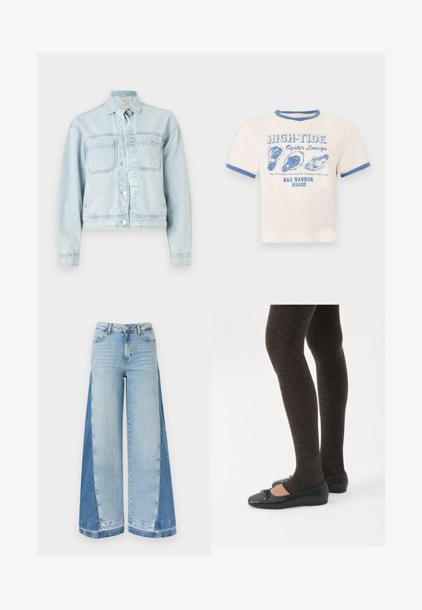Lyseblå denimjakke med to brystlommer, krave og knaplukning. Har en bånddetalje og cropped design.; Kremfarvet t-shirt med blå kant og teksten "HIGH-TIDE Oyster Lounge" samt tre blå østerskalsillustrationer, der refererer til Bar Harbor, Maine.; Bukser med vide ben i jeansstof med lyseblå frontpaneler og mørkere blå sidepaneler, udstyret med knap- og lynlåslukning samt bæltestropper.; Ben iført mørke ribbede leggings kombineret med sorte balletsko med små sløjfedetaljer på hvid baggrund.