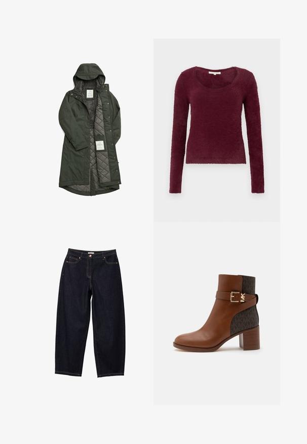 Abrigo largo verde impermeable con capucha, que cuenta con un suave forro de forro polar gris y un interior acolchado, asegurado con botones a presión.; Suéter burdeos de manga larga y textura suave con escote redondeado, exhibido plano sobre un fondo blanco.; Vaqueros azul oscuro de pierna recta con botones y cremallera delanteros, cinco bolsillos y costuras visibles sobre fondo blanco.; Botín marrón de cuero con tacón ancho de altura media, parte trasera de tela oscura con estampado, correa decorativa y detalle de hebilla dorada.