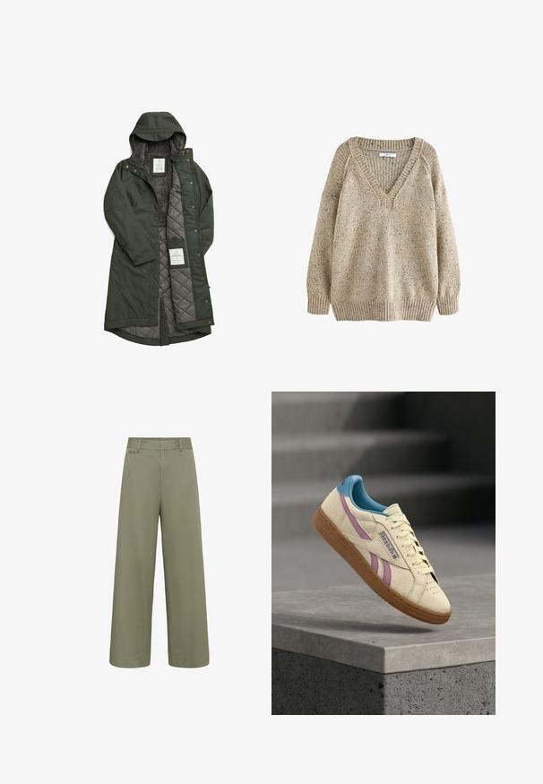 Abrigo largo verde impermeable con capucha, que cuenta con un suave forro de forro polar gris y un interior acolchado, asegurado con botones a presión.; Suéter de punto beige con escote en V, puños y dobladillo acanalados. La textura presenta un patrón moteado, lo que realza su detalle visual.; Pantalones kaki de tiro alto y pierna ancha, con trabillas para cinturón y un único bolsillo de ojal en la parte trasera derecha.; Zapatilla Reebok color crema con rayas rosas, forro interior azul y suela marrón, flotando sobre un borde de concreto.