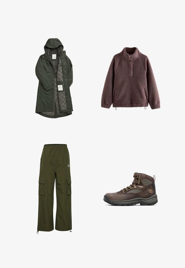 Lang grøn vandtæt frakke med hætte, der har en blød grå fleeceforing og en kviltet inderside, sikret med trykknapper.; Brun fleece pullover jakke med stående krave, trykknapslukning, forlommer, elastiske manchetter og justerbare snore i kanten.; TheJoggConcept JCFIA - Cargobukser - rifle green; Brun vandrestøvle med overdel i læder og mesh, gummisål, metaløjer og et mærket banner. Designet til holdbarhed og støtte.