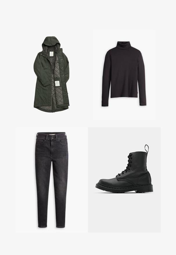 Abrigo largo verde impermeable con capucha, que cuenta con un suave forro de forro polar gris y un interior acolchado, asegurado con botones a presión.; Jersey de cuello alto negro con textura acanalada, de mangas largas y diseño ajustado. Textura suave, ligero estiramiento y una etiqueta en el lado inferior.; Vaqueros negros de tiro alto hechos de mezclilla, con un ajuste ceñido, diseño de cinco bolsillos y cierre de doble botón. Desvanecimiento sutil y sin adornos.; Botín de combate de cuero negro con punta redonda, parte delantera con cordones y una lengüeta en el tobillo. Presenta una suela de goma gruesa para mayor durabilidad.