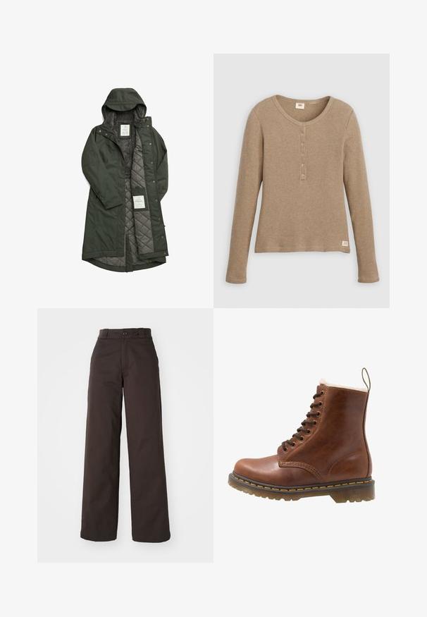 Abrigo largo verde impermeable con capucha, que cuenta con un suave forro de forro polar gris y un interior acolchado, asegurado con botones a presión.; Camisa henley de punto gofre beige de manga larga con escote redondo y tapeta con cinco botones, presentada plana sobre fondo blanco.; Pantalones de pierna ancha marrones con cierre de botón y presillas para cinturón, fabricados con un tejido resistente, que presentan una textura suave y líneas limpias.; Botín de piel marrón con forro de piel de pelo, punta redonda, cordones en la parte frontal y costuras amarillas a lo largo de la suela. Suela de goma resistente para mayor agarre.
