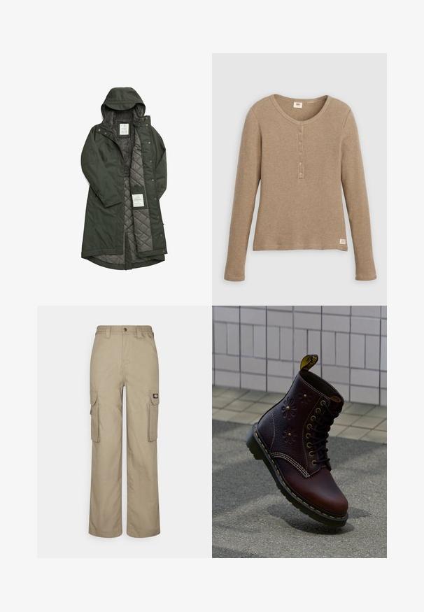 Lang grøn vandtæt frakke med hætte, der har en blød grå fleeceforing og en kviltet inderside, sikret med trykknapper.; Beige henley-shirt i vaffelstrik med lange ærmer, rund halsudskæring og fem-knaps lukning, vist fladt mod hvid baggrund.; Beige cargo bukser lavet af slidstærkt stof, med en afslappet pasform, flere sidelommer og et elastisk liv med knaplukning.; Mørkebrun læderstøvle med blomsterprægning og gul syning, placeret opret på en tekstureret fortov med flisebelagt væg i baggrunden.