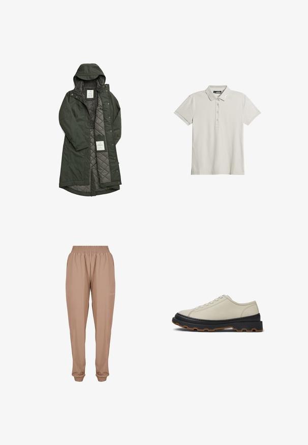 Longue manteau vert étanche avec capuche, doté d'une douce doublure en polaire grise et d'un intérieur matelassé, fermé par des boutons-pression.; Polo léger beige, fabriqué en tissu doux avec un col, des manches courtes, cinq boutons et un logo de la marque brodé sur la manche.; Pantalons de jogging beige avec une taille élastique, des poignets aux chevilles et un tissu léger et lisse avec un discret logo sur le côté.; Baskets beige clair avec une semelle texturée noire et en gomme, dotées de lacets plats et d'un design minimaliste, présentées en profil sur fond blanc.