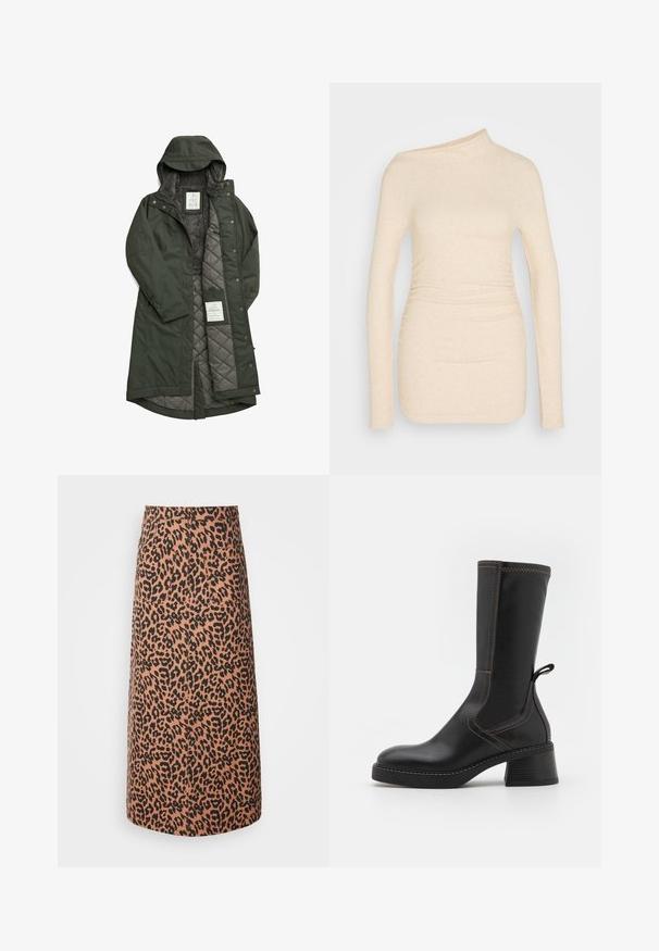 Abrigo largo verde impermeable con capucha, que cuenta con un suave forro de forro polar gris y un interior acolchado, asegurado con botones a presión.; Top de manga larga beige con un diseño de un hombro. Presenta un tejido texturizado y elástico con detalle fruncido en la cintura para una silueta ajustada.; Falda midi de leopardo en beige y negro, con corte recto, dos bolsillos en la parte posterior y una textura lisa.; MIISTA FABI - Botas con plataforma - black