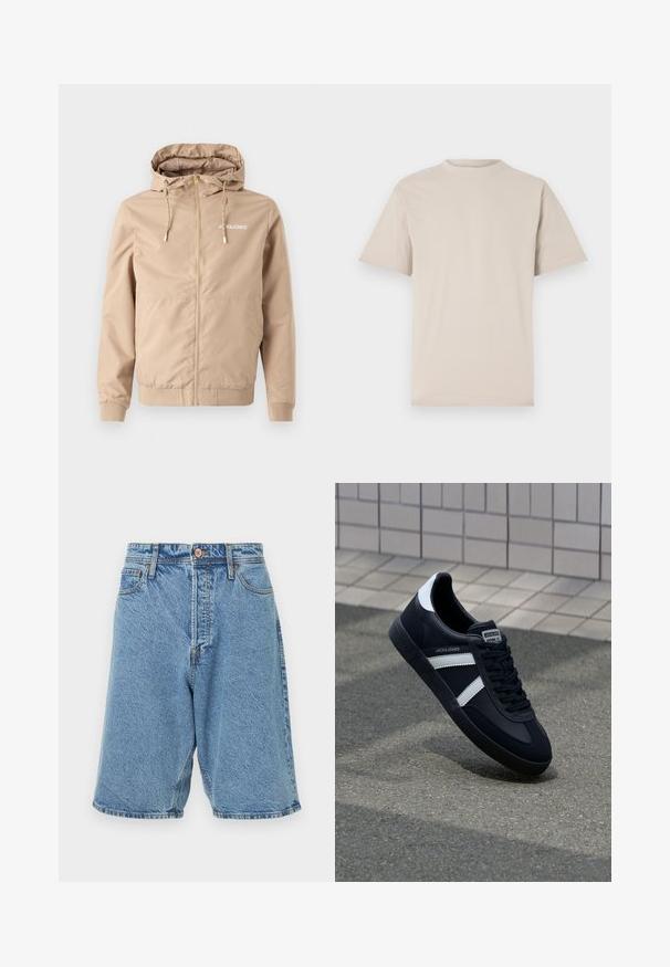 Bežová bunda na zips s kapucňou, sťahovacími šnúrkami, elastickými manžetami a lemom. Na ľavej strane hrude sa nachádza logo "JACK&JONES" v bielej farbe.; Bežové tričko s krátkym rukávom, klasický výstrih, vyrobené z hladkej bavlnenej tkaniny, s uvoľneným strihom a bez viditeľných vzorov alebo ozdobných prvkov.; Džínsové šortky v svetlo modrej farbe s vyblednutou textúrou. Obsahujú predné zapínanie na gombík, pútka na opasok a bočné vrecká. Silné švy ako akcent.; Čierne kožené tenisky s bielymi pruhmi, textúrovanou gumovou podrážkou a šnurovaním vpredu. Obsahujú označenie značky na jazyku.