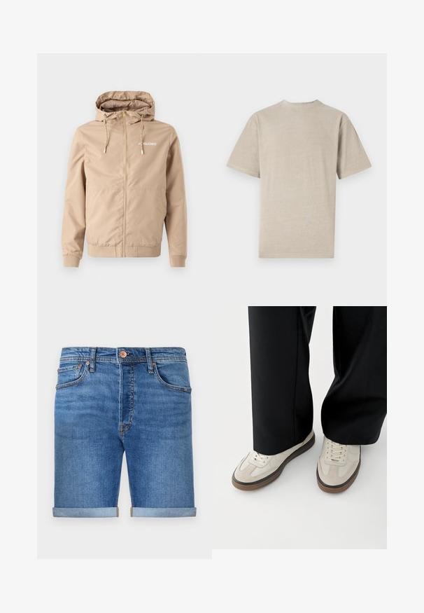 Bežová bunda na zips s kapucňou, sťahovacími šnúrkami, elastickými manžetami a lemom. Na ľavej strane hrude sa nachádza logo "JACK&JONES" v bielej farbe.; Tričko s krátkym rukávom vo svetlo béžovej farbe s okrúhlym výstrihom, vyrobené z mäkkého materiálu, s hladkou textúrou a jednoduchým dizajnom bez grafiky.; Jeansové šortky v stredne modrom odtieni s ozdobne prehnutými okrajmi, dizajnom na päť vreciek, mosadzným zapínaním a kontrastným stehom.; Nohy v béžových teniskách s hnedými podrážkami a čierne široké nohavice na bielom pozadí.