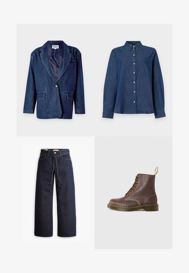 Donkerblauwe denim blazer met een gegoten revers, enkele knoopsluiting, twee voorkruistassen en een gladde binnenvoering.; Donkerblauwe denim overhemd met lange mouwen, voorzien van een knoopsluiting aan de voorkant, spitse kraag, een enkele borstzak en knoopmanchetten.; Wijd pijpjes donkerblauwe denim jeans met een hoge taille, voorzien van een trekkoord, vijf zakken en contrasterende stiksels.; Bruine leren veterschoenen met gele stiksels, ronde neus en een stevige rubberen zool. Voorzien van een treklus aan de hak voor gemakkelijk aan- en uittrekken.