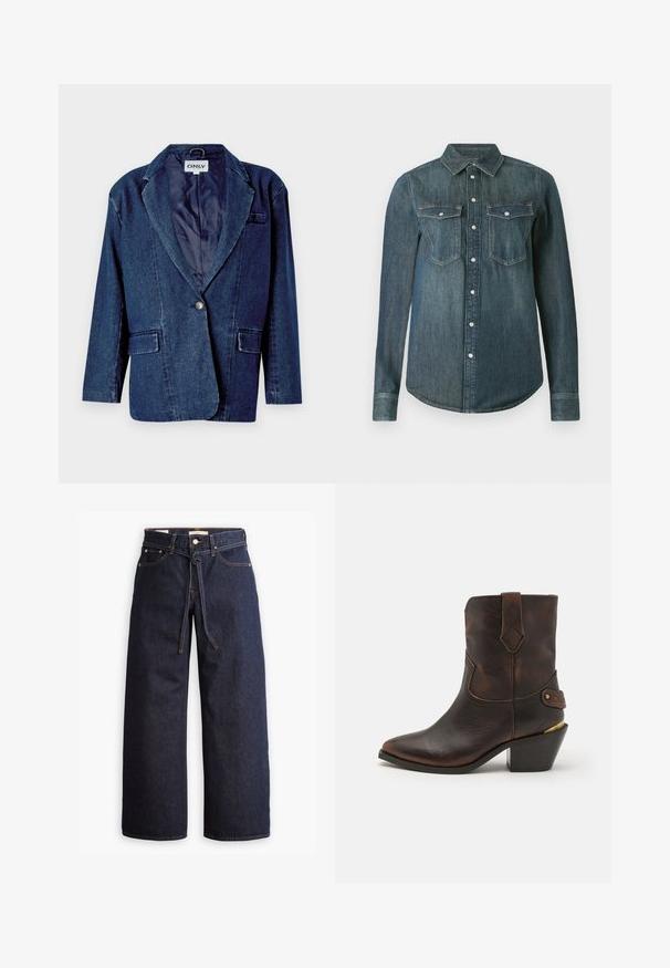 Donkerblauwe denim blazer met een gegoten revers, enkele knoopsluiting, twee voorkruistassen en een gladde binnenvoering.; Donkerblauwe denim blouse met lange mouwen, knoopsluiting aan de voorkant en twee borstzakken met kleppen en knopen.; Wijd pijpjes donkerblauwe denim jeans met een hoge taille, voorzien van een trekkoord, vijf zakken en contrasterende stiksels.; Bruine leren cowboylaars met een puntenneus en gestapelde hak. Voorzien van een decoratief ruitpatroon en een riem met hardware accent.