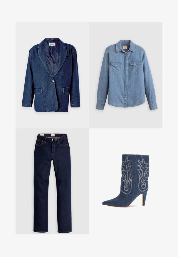 Mørkeblå denimblazer med revers, enknapslukning, to forlommer og en glat indvendig foring.; Lyseblå denimskjorte med lange ærmer, knapper foran, to brystlommer og klassisk krave. Glat tekstur og afslappet pasform.; Mørkeblå jeans med lige ben, orange syninger, fem lommer og knaplukning, lagt fladt på en lys baggrund.; Denim ankelstøvle med spids tå, buet design, sølv dekorativ syning og 3-tommer stiletto hæl. Mørkeblå med struktureret finish.