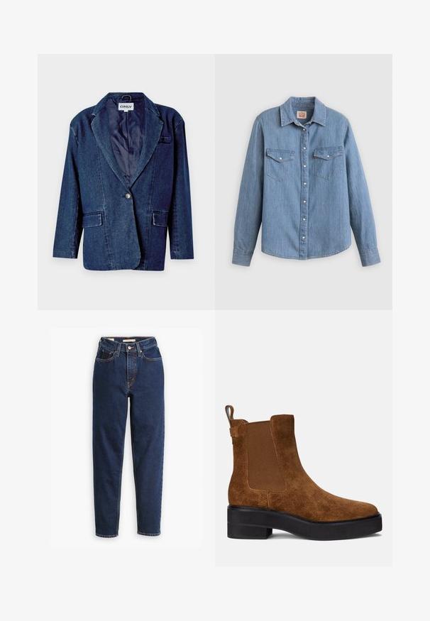 Mørkeblå denimblazer med revers, enknapslukning, to forlommer og en glat indvendig foring.; Lyseblå denimskjorte med lange ærmer, knapper foran, to brystlommer og klassisk krave. Glat tekstur og afslappet pasform.; Mørkeblå denimjeans med høj talje, femlommedesign og lige ben. Kontrastsyninger og knaplukning.; Brune ruskindsankelstøvle med elastiske sidepaneler, en afrundet tå og en lav sort platformsål. Har en trækflig på hælen.