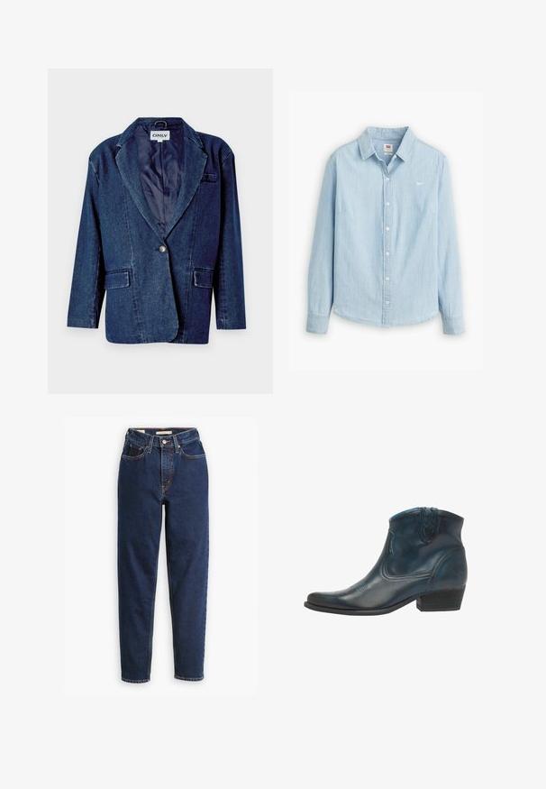 Mørkeblå denimblazer med revers, enknapslukning, to forlommer og en glat indvendig foring.; Lyseblå skjorte med knapper lavet af blødt denimstof. Har en klassisk krave og lange ærmer, med et lille logo på brystet.; Mørkeblå denimjeans med høj talje, femlommedesign og lige ben. Kontrastsyninger og knaplukning.; Cowboy ankel støvler lavet af mørkeblåt læder, med spidse tæer, buede detaljer og en lav, stablet hæl med subtile syninger.