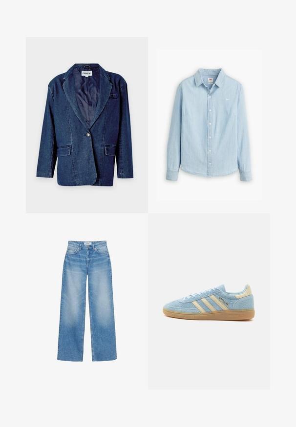 Donkerblauwe denim blazer met een gegoten revers, enkele knoopsluiting, twee voorkruistassen en een gladde binnenvoering.; Lichtblauwe overhemdbloes gemaakt van zacht denimstof. Heeft een klassieke kraag en lange mouwen, met een klein logo op de borst.; Lichtblauwe wijde jeans van denim, met een hoge taille, subtiele vervaging en een klassiek ontwerp met vijf zakken en koperen accenten.; Lichtblauwe suède Adidas sneaker met beige strepen en hieltab, rubbere zool en "SPEZIAL"-branding aan de zijkant.