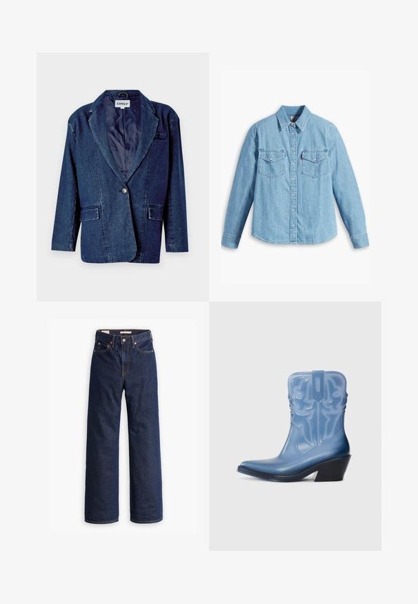 Mørkeblå denimblazer med revers, enknapslukning, to forlommer og en glat indvendig foring.; Lyseblå denimskjorte med lange ærmer, spidse krave, to brystlommer, knaplukning og subtil tekstur. Ingen synlige mønstre.; Mørkeblå straight-leg denim jeans med fem lommer, orange syninger og knaplukning.; Blå gummikspænderstøvle med spids tå, dekorativ syning og sort kilehæl. Høj skafter med et struktureret mønster.