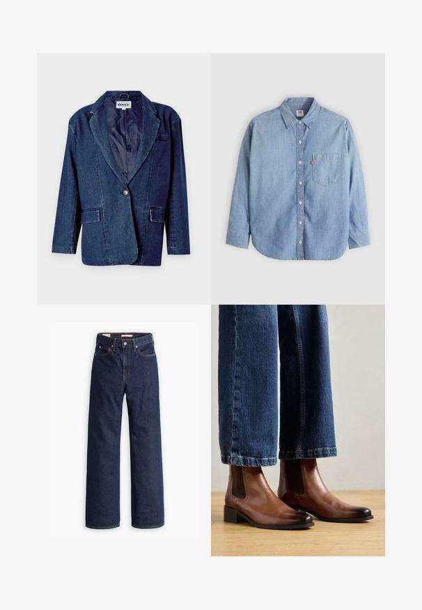 Mørkeblå denimblazer med revers, enknapslukning, to forlommer og en glat indvendig foring.; Lyseblå denimskjorte med button-down-krave, forlompe og lange ærmer. Har en buet kant og en subtil tekstur.; Mørkeblå straight-leg denim jeans med fem lommer, orange syninger og knaplukning.; Brune læder ankelstøvler med elastiske sidepaneler, firkantet tå og lav blokhæl, båret med blå denim jeans. Hårdttrægulv nedenfor.