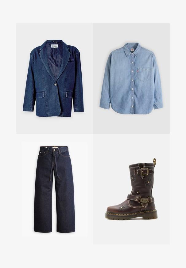 Blazer en denim bleu marine avec un col cranté, fermeture à un bouton, deux poches avant et une doublure intérieure lisse.; Chemise en denim bleu clair avec col boutonné, poche avant et manches longues. Caractérisée par un ourlet arrondi et une texture subtile.; Jeans en denim bleu foncé à jambes larges, avec une taille haute, dotés d'un lien à cordon, de cinq poches et de détails de couture contrastants.; Botte mi-mollet en cuir marron avec détails floraux embossés, deux boucles en laiton réglables, coutures jaunes et semelle robuste.