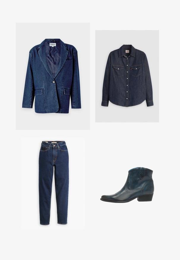 Mørkeblå denimblazer med revers, enknapslukning, to forlommer og en glat indvendig foring.; Mørkeblå denimskjorte med lange ærmer, knaplukning fortil, to brystlommer med klapper og kontrasterende gule sømme.; Mørkeblå denimjeans med høj talje, femlommedesign og lige ben. Kontrastsyninger og knaplukning.; Cowboy ankel støvler lavet af mørkeblåt læder, med spidse tæer, buede detaljer og en lav, stablet hæl med subtile syninger.