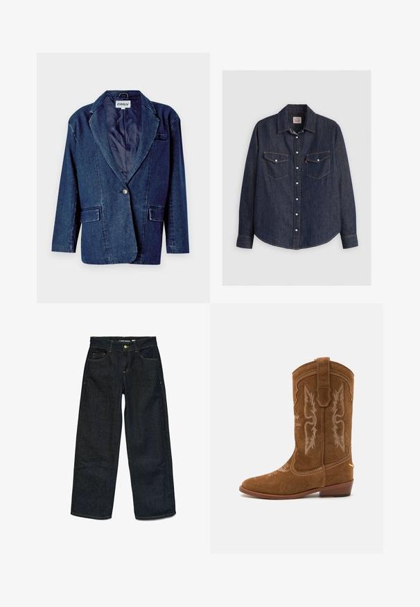 Mørkeblå denimblazer med revers, enknapslukning, to forlommer og en glat indvendig foring.; Mørkeblå denimskjorte med lange ærmer, knaplukning fortil, to brystlommer med klapper og kontrasterende gule sømme.; Mørkeblå, brede denimbukser med forhånds- og møntlommer, kontrasterende gul syning, knaplukning og bæltestropper.; Brune ruskinds cowboystøvle med indviklet hvid sømning, spids tå og stablet hæl. Har dekorative mønstre på skaftet.
