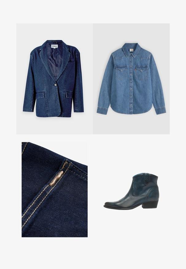 Mørkeblå denimblazer med revers, enknapslukning, to forlommer og en glat indvendig foring.; Langærmet blå denim skjorte med knapper, spids krave og to brystlommer med klap på en lys baggrund.; Next REGULAR FIT - WIDE LEG - Flared jeans - rinse blue; Cowboy ankel støvler lavet af mørkeblåt læder, med spidse tæer, buede detaljer og en lav, stablet hæl med subtile syninger.