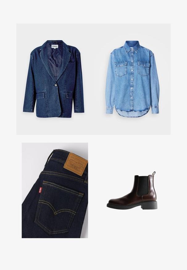 Donkerblauwe denim blazer met een gegoten revers, enkele knoopsluiting, twee voorkruistassen en een gladde binnenvoering.; Denimshirt met een lichtblauwe kleur, klassieke kraag, knoopsluiting aan de voorkant, twee borstzakken en een afgeronde zoom met stikseldetails.; Donkerblauwe Levi's jeans met gele stiksels, achterzak toont rood Levi's label en bruin leren merkpatch op de tailleband.; Bruine leren enkelboot met elastische zijpanelen, ronde neus en een gestructureerde zwarte rubberen zool. Heeft contrasterende stiksels en een lusje aan de achterkant.