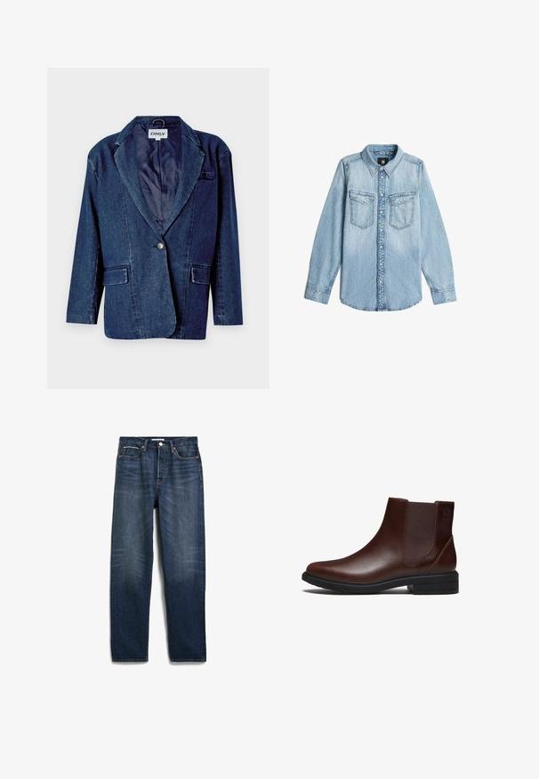 Donkerblauwe denim blazer met een gegoten revers, enkele knoopsluiting, twee voorkruistassen en een gladde binnenvoering.; Lichtblauwe denim overhemd met lange mouwen, kraag, knoopsluiting aan de voorkant en twee borstzakken met knoopflappen.; Donkerblauwe jeans met rechte pijpen, voorzakken, riemlussen en een knoopsluiting, plat op een witte achtergrond gelegd.; Bruine leren Chelsea enkellaars met zwarte rubberen zool en elastische zijpanelen, gezien vanaf de buitenkant.