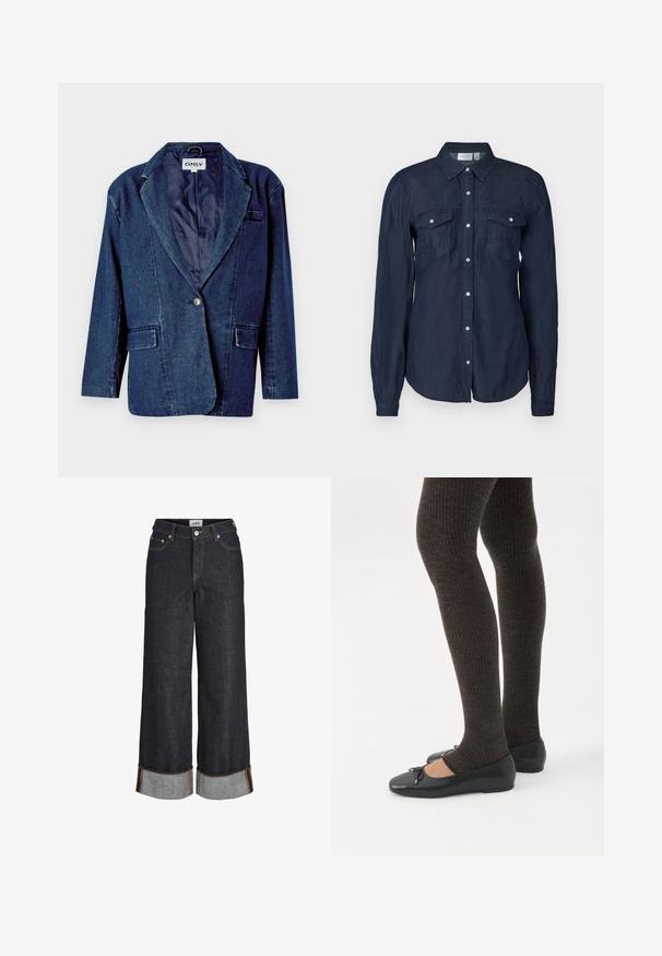 Donkerblauwe denim blazer met een gegoten revers, enkele knoopsluiting, twee voorkruistassen en een gladde binnenvoering.; Marineblauwe button-up overhemd van lichte stof, met twee voorzakken, lange mouwen en een klassieke kraag met een gebogen zoom.; Donkerblauwe wijde jeans met omgeslagen zomen, vijf zakken en contrasterend gele stiksels.; Benen met donkere geribbelde leggings gecombineerd met zwarte ballerina's met kleine strikdetails op een witte achtergrond.