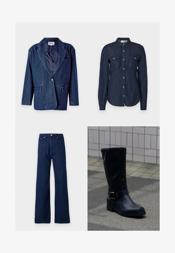 Mørkeblå denimblazer med revers, enknapslukning, to forlommer og en glat indvendig foring.; Marineblå knap-up skjorte i let materiale, med to forlommer, lange ærmer og en klassisk krave med buet kant.; Mørkeblå denim bredbenede jeans med høj talje, forlommer og synlige sømme. Blød tekstur med en løs pasform og fuldlængde ben.; Sort læderstøvle midt på læggen med lav blokhæle og en dekorativ rem med metal spænde rundt om anklen, på en flisebelagt fortov.