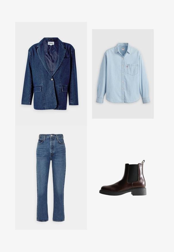 Mørkeblå denimblazer med revers, enknapslukning, to forlommer og en glat indvendig foring.; Lyseblå denimskjorte med spidse kraver, lange ærmer, knaplukning og en brystlomme med et lille logomærke.; Blå højtaljede jeans lavet af denim, med et lige ben design, fem-lomme stil og metallisk knaplukning.; Brune læder ankelstøvle med elastiske sidepaneler, rund tå og en struktureret sort gummisål. Har kontrasterende syninger og en trækflap.