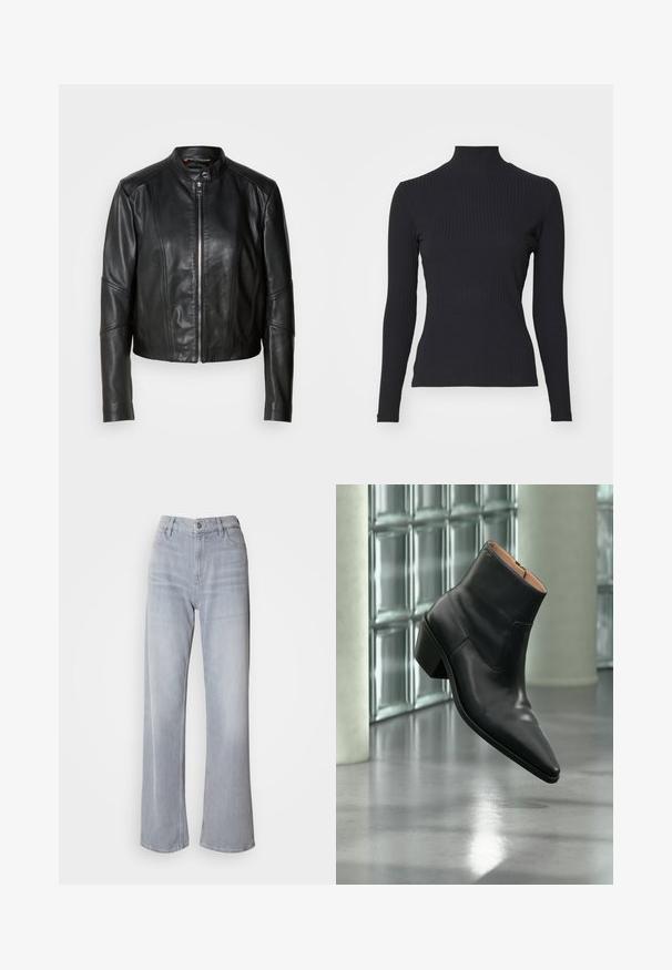 Sort læderjakke med høj krave, lynlås foran og tætsiddende design. Har vinklede sømme og en kort længde. Glat tekstur.; Sort ribbet turtle-sweater med lange ærmer. Lavet af strækbart stof med en tætsiddende pasform og høj krave. Enkel design uden udsmykninger.; Lys grå vidde jeans med høj talje, lavet af denim. Har forlommer, lynlås og subtil falmen over det hele.; Sort læderankelstøvle med spids tå og blokhæl, der svæver over en reflekterende grå gulv nær en væg af glasblokke.