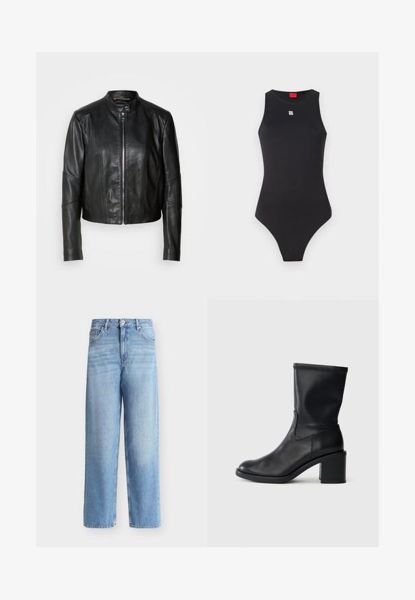 Sort læderjakke med høj krave, lynlås foran og tætsiddende design. Har vinklede sømme og en kort længde. Glat tekstur.; Sort bodysuit med en ærmeløs design, lavet af glat materiale. Har et lille hvidt logo på brystet og et højt skåret benåbning.; Lyseblå jeans med høj talje og lige ben, forfra lukket med knapper og lynlås, bæltestropper og forlommer på hvid baggrund.; Sort læder ankelstøvle med rund tå, glat tekstur og en grov hæl, der har et tætsiddende skaft og subtil syning.