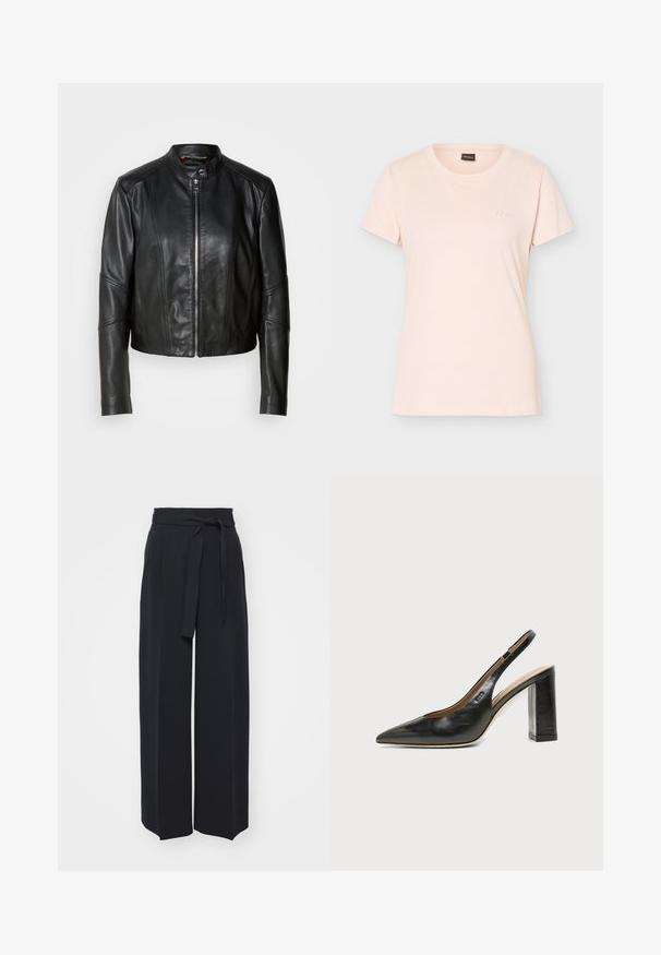 Must must nahkjope kõrge kaelusega, ees lukuga ja sobiva disainiga. Funktsioonideks on teravad õmblused ja lühikese pikkusega. Sile tekstuur.; Heleheline roosa lühikeste varrukatega T-särk, millel on vasakul rinnal väike reljeefne BOSSi logo ja krae sees must silt.; Laiad mustad püksid pehmest kangast. Omavad vöökohta, millel on vöö ja eesplekid. Sile tekstuur koos puhta ja kaasaegse disainiga.; Mustast nahast terava varbaga slingback-kinga kõrge plokk-kontsaga ja beežsisemise voodriga tavalise heledal taustal.