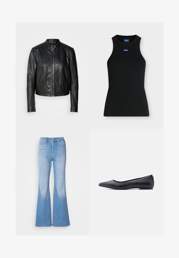 Chaqueta de cuero negro con cuello alto, cremallera frontal y diseño ajustado. Presenta costuras angulares y una longitud corta. Textura suave.; Camiseta sin mangas negra con cuello redondo y pequeño parche con el logo azul de Hugo en el pecho y en el interior del cuello.; Jeans de mezclilla azul claro acampanados con cintura alta, con cierre de botón y pasadores para cinturón. Textura suave y acabado desvaído hacia las piernas.; Zapato plano de cuero negro con punta puntiaguda y tacón bajo, mostrado de perfil contra un fondo blanco.
